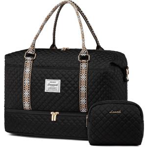 LOVEVOOK Travel Duffle Bag,Weekender Bags for Women with Shoe CompartmentCarry on Overnight Bag with Toiletry Bag,Gym Duffel Bag with Wet Pocket, Hospital Bags for Labor and Delivery (Large-2 Pcs, Black-tape2)