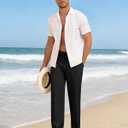 Mens Linenl Pants Casual Loose Straight Elastic Suit Waist Drawstring Trousers Lightweight Beach Vacation Pants (Black, L)