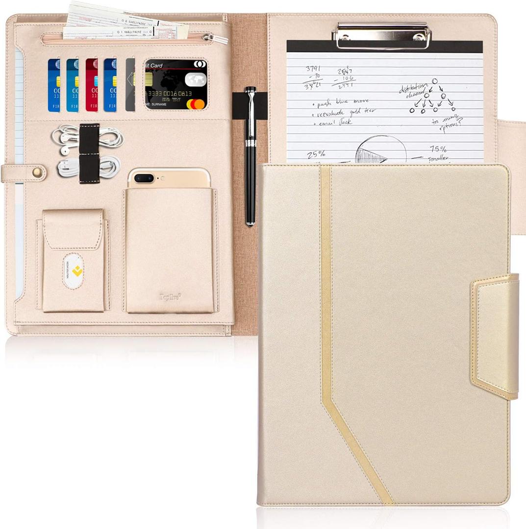 Toplive Padfolio Portfolio Case, Executive Business Padfolio with Document Sleeve, Letter/A4 Size Clipboard, Business Card Holders, Portfolio for Women & Men, Matte Gold