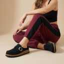 CUSHIONAIRE Hobby Genuine Leather Suede Mule Clogs for Women with Buckle Strap and Cork Footbed, Supportive All-Day Comfort in Womens Shoes (7 Wide, Black)