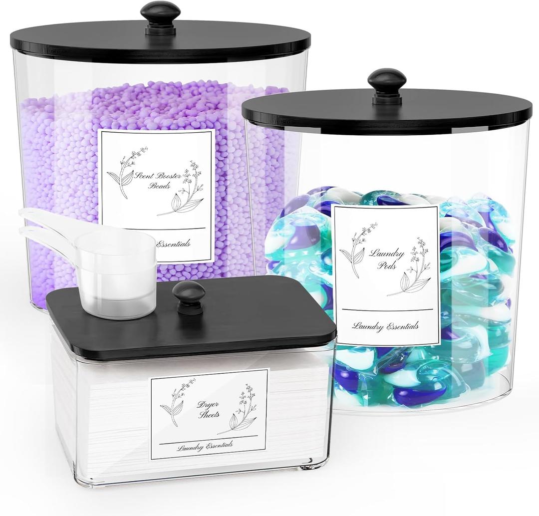 3 Pack Laundry Powder Container & Dryer Sheet Holder, Plastic Laundry Room Organization and Storage Jars with Lids, Labels & Scoops for Powder, Detergent, Scent Booster (Black Lid)