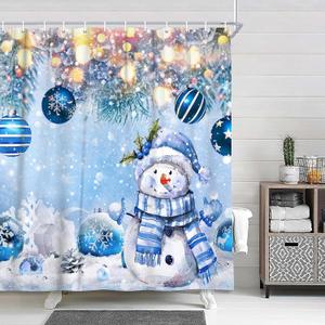 Christmas Winter Snowman Blue Ball Shower Curtain Snowflake Pine Tree Twig Bathroom Curtain for Holiday Decorations Waterproof Polyester Gifts for Home Bathroom Decor Curtain with Hooks 70X70in