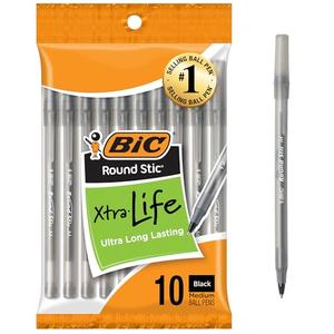BIC Round Stic Xtra Life Black Ballpoint Pens, Medium Point (1.0mm), 10-Count Pack of Bulk Pens, Flexible Round Barrel for Writing Comfort, No. 1 Selling Ballpoint Pens