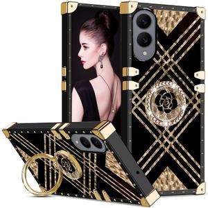 CCSmall for Samsung Galaxy S25 Edge Cute Case for Women Girls, Stylish Classic Camellia Design Soft TPU Bumper with Elegant Metal Corners & Ring Kickstand for Samsung S25 Edge 5G BF Plaid Black