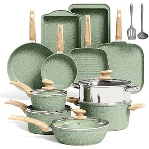 Amazon.com: Kitchen Academy 17 Pieces Induction Cookware Set with Griddle, Green Granite Pots and Pans Set Non Stick, Healthy Nonstick Cooking Pans Set: Home & Kitchen