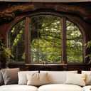 QGHOT Forest Window Tapestry, Nature Outdoor Tapestry Wall Hanging Woodland Scene Large Wall Mural for Bedroom Living Room Office Decor 78.7" L x 104" W
