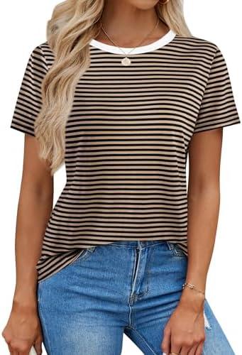 LilyCoco Women's Striped Shirt Short Sleeve Color Block Tops Crewneck Summer T Shirt Black and Brown Small