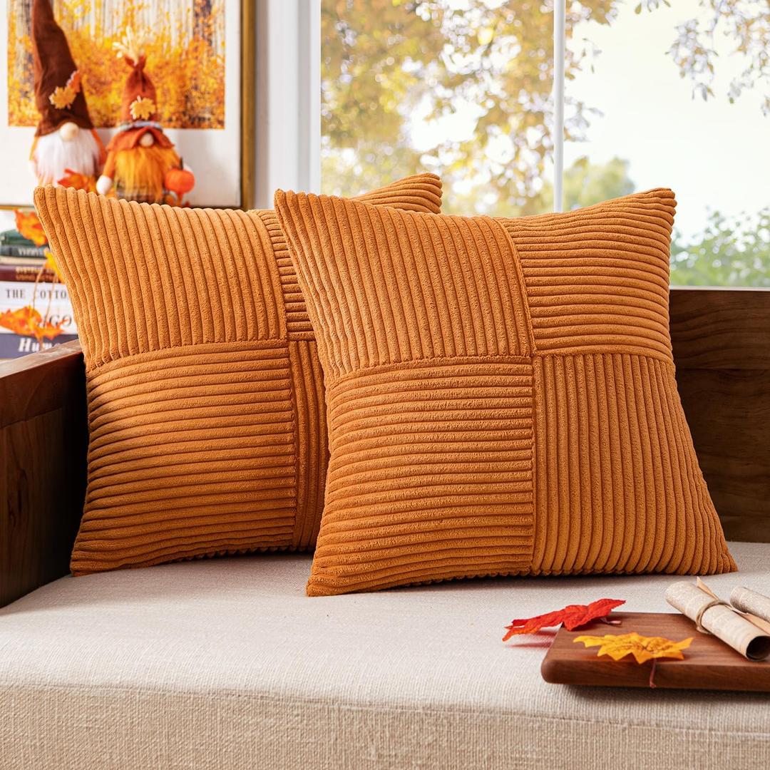 MIULEE Burnt Orange Corduroy Pillow Covers Pack of 2 Boho Decorative Spliced Throw Pillows Soft Cross Patchwork Textured Covers Pillowcases Home Decor for Couch Living Room Bed Sofa 18x18 inch