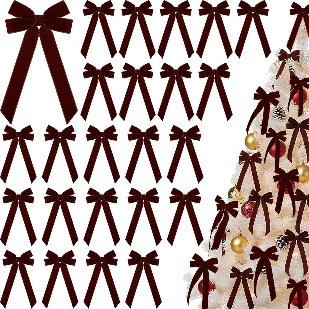 Riceshoot 24 Pcs Christmas Velvet Bows 4.5 x 8.6 inch Vintage Bow Christmas Tree Decorations Xmas Ornaments for Wreath Gifts Wrapping Garland Indoor Outdoor Holiday Party Decor (Dark Brown)