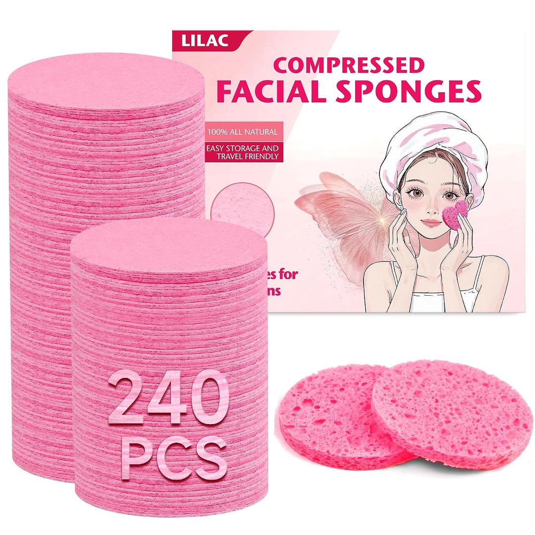 240 Count Compressed Facial Sponges 100% Natural Cellulose Eco-Friendly Makeup Sponges for Gentle Cleansing, Exfoliating & Stubborn Makeup Removal Travel for Women (240 pink round)