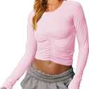 Vivitulip Womens Long Sleeve Shirts Basic Fall Ruched Slim Fitted Crop Tops Tight Athletic Blouse with Thumb Holes (Medium, Pink)