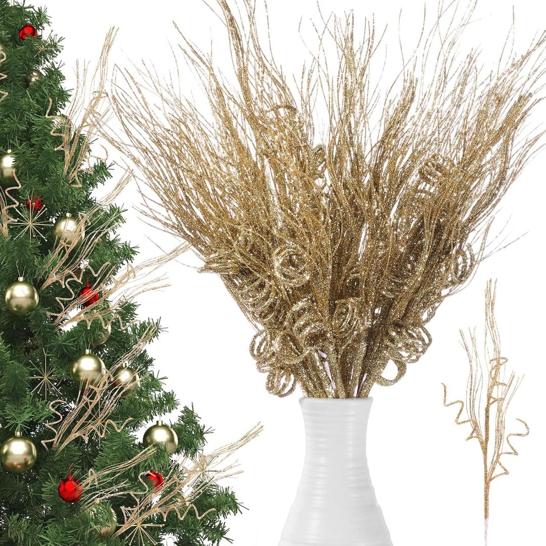 24 Pcs 16.5 Inch Christmas Tree Picks Glitter Artificial Curly Sprays Christmas Floral Stems Branches for Xmas Tree Sticks Garland Ornaments Vase Filler Decorations (Gold)