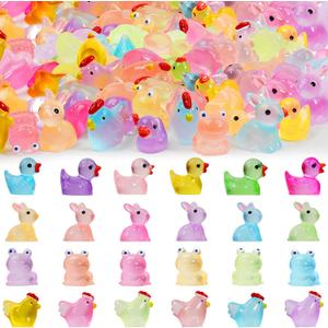 Lugailly Mini Resin Animals Figures to Hide 72 PCS Luminous Tiny Miniature Figurines Bulk Glow in The Dark Include Little Ducks Small Chicken Rabbits Frogs for Garden Micro Landscape Aquarium Potted