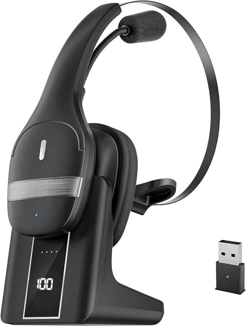 Wireless Headset with Microphone For PC with USB Dongle Built-in Mic 750mAh Charging Dock, LED Display, Noise Canceling ,Mute Button for PC Computer, Laptop, Remote Work, Call Center, Business