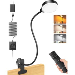 Glocusent 5W Reading Light for Bed, 36 LED Eye Caring Bed Lamp, 3 Colors & 5 Brightness Levels for Headboard with Adapter, Perfect Clip on Light for Reading, Working & Studying (Black with Remote)