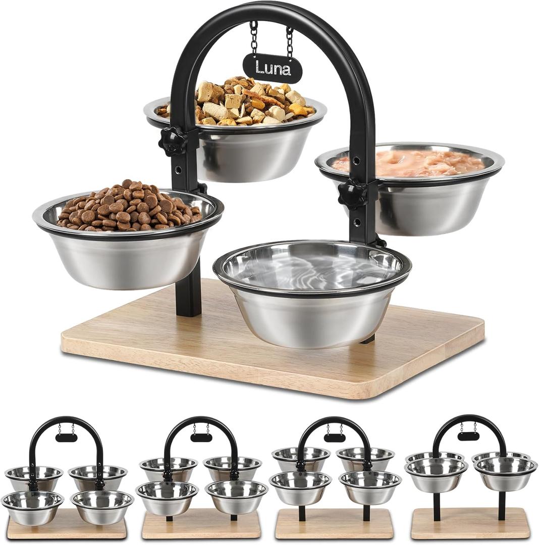 Handrong Elevated Cat Bowls Elevated,4 Heights Raised Cat Food Bowl for Indoor Cats with 5 Steel Bowls for Kitten Puppy Small Dogs
