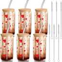 6 Pcs Valentine Gifts Glass Cups with Lids and Straws 16 oz Hearts Iced Coffee Cups Drinking Heart Women Ladies Wife Gift Valentines Day Galentines Party Supplies Wedding Birthday (Red)