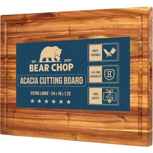 Bearchop Acacia Wood Cutting Boards for Kitchen, [24" x 18" x 1.25"] Large Wood Cutting Board, Solid Wood Butcher Block Cutting Board with Juice Grooves and Handle,Knife Friendly and Reversible