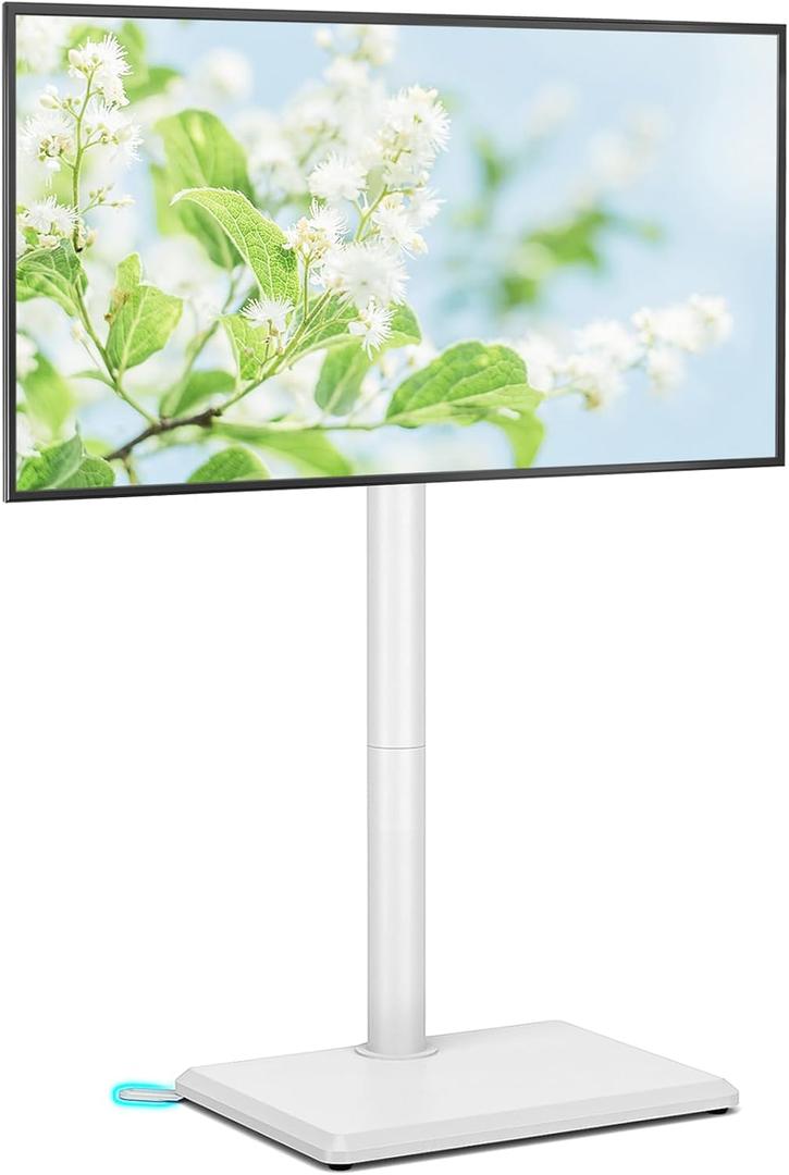 Rfiver Swivel Floor TV Stand with Mount for 28-60 inch TVs up to 88 lbs, Height Adjustable Tall TV Stand with Wood Base, Saving Space Design for Bedroom, Living Room and Corner, White