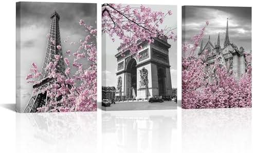iKNOW FOTO Paris Wall Decor for Bedroom & Bathroom - 12x16 Framed Canvas Prints Set, Eiffel Tower, Notre Dame, Arc de Triomphe with Cherry Blossom - Pink, Black & White Modern Home Art