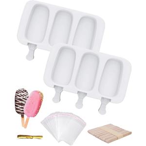 Ouddy Life Popsicle Molds Set of 2, Ice Pop Molds Silicone 4 Cavities Ice Cream Mold Oval Cake Pop Mold with 50 Wooden Sticks for DIY Popsicle, White