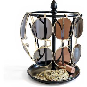 Sunglasses Stand with Jewelry Tray Base, 12 Pairs Eyeglass Holder Rack, Glasses Organizer for Entryway Bedroom Dresser, Countertop Sunglasses Display for Home Decor (Metal+Black)