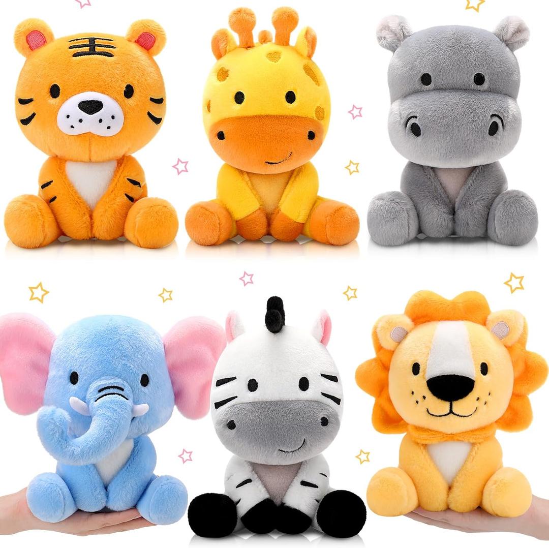 RoundFunny 6 Pcs Small Stuffed Safari Animals Bulk, 7 Inch Jungle Animals Stuffed Toys, Adorable Plush Lion Zebra Giraffe Tiger Hippo Elephant for Baby Shower Safari Jungle Themed Party Student Award