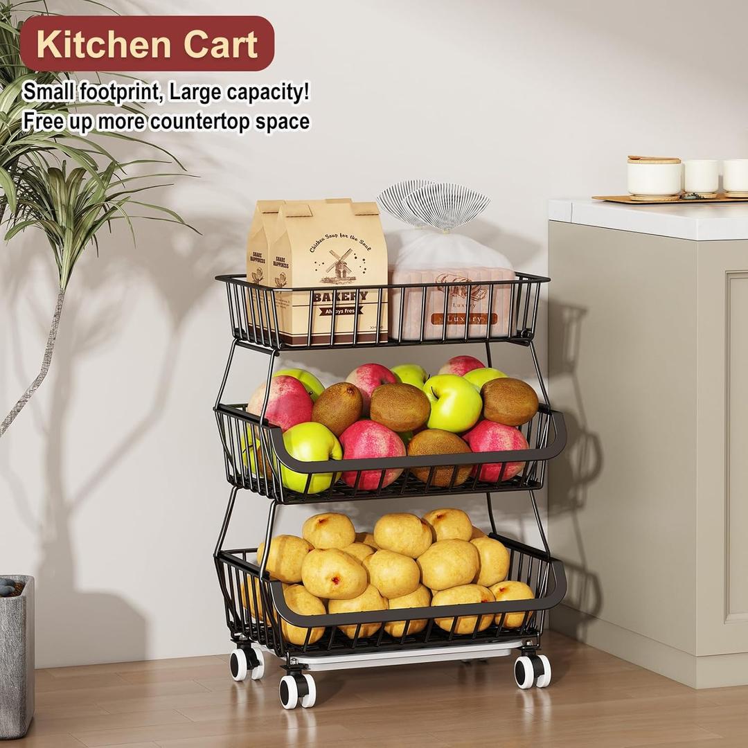 Miyawell 3Tier Rolling Pantry Cart with Wheels, Stackable Wire Storage Floor Organizer for Kitchen Pantry Snack Shelves, Fruit Basket Stand, Vegetable Storage Rack for Food Snacks Onion Potato