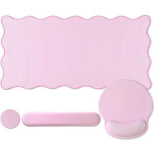 Sabary Scalloped Desk Mat Keyboard Mouse Pad Set Pink Large Cute Aesthetic Preppy Table mat Keyboard Wrist Rest Mouse Pad with Wrist Rest Coaster Ergonomic Non-Slip Waterproof Gaming Desk