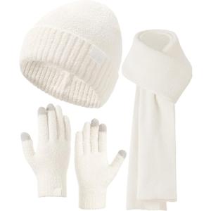 Hat Scarf And Gloves Set For Women,Womens Winter Beanie Hats Long Scarf Scarves Knit Touchscreen Gloves For Cold Weather (White)