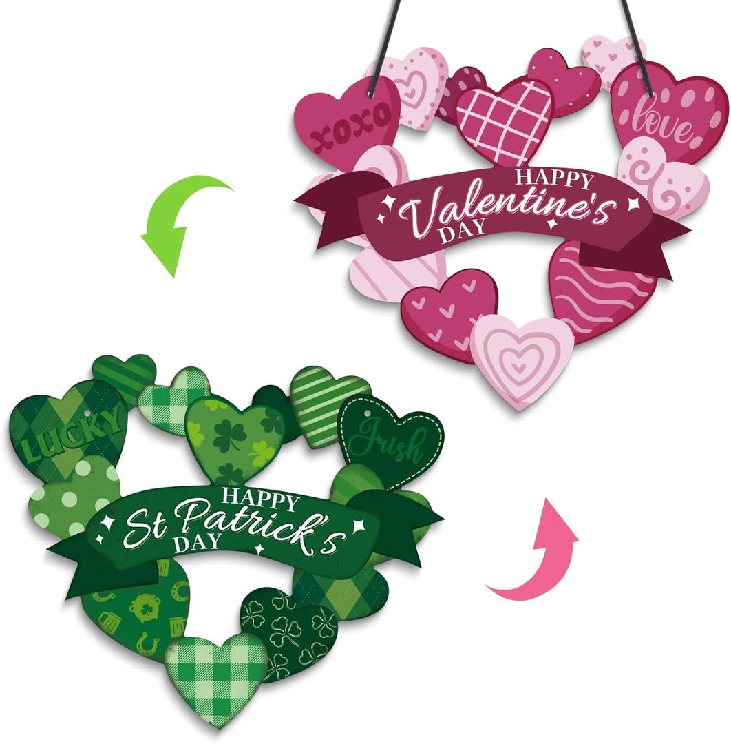 Putuo Decor Valentines Day Door Sign For Front Door Hanging Valentines St Patricks Wall Decor PVC Double-sided Heart Valentine Wreath For Front Door Valentines Day Decorations For The Home 14x12 In