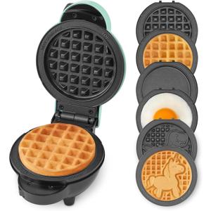 Dash MultiMaker® Mini System  Compact Waffle Maker for Family Breakfasts  Removable Griddle Plates & nonstick surface  6 Plates  Aqua