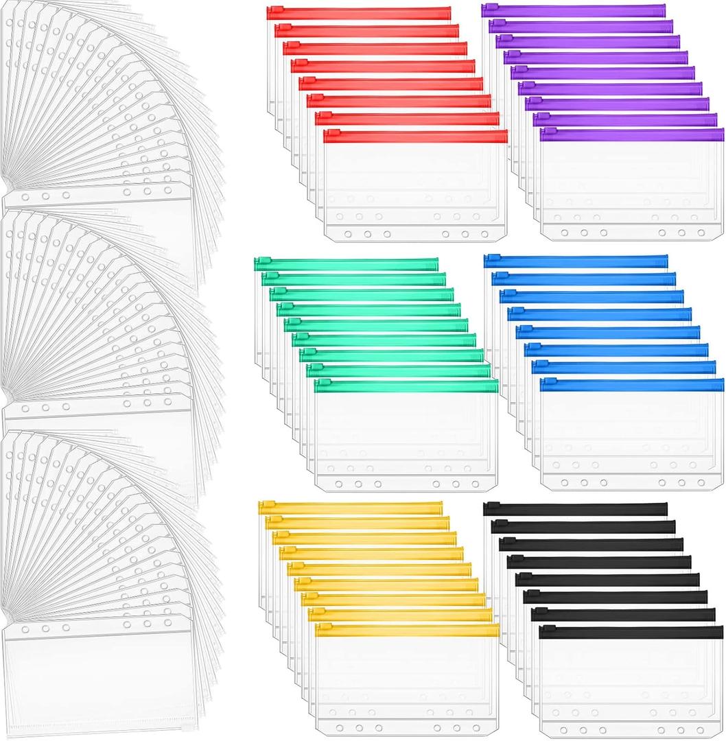 Sherr 108 Pcs A6 Size Binder Pockets 6 Holes Budget Cash Envelopes for Budgeting Waterproof PVC Budget Binder Receipt Organizer Multicolor Pouch Clear Zipper Folders Loose Leaf Bags for Document Files