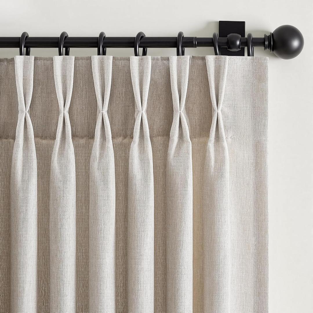 Pinch Pleated Linen Curtains 96 Inches Long for Living Room 2 Panel Set Oatmeal Light Filtering Pinch Pleat Hooks Rings Back Tab Neutral Boho Farmhouse 96 Inch Curtain Drapes for Bedroom Window