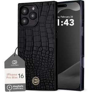 COCOMII Rectangle Case for iPhone 16 Pro Max, Compatible with MagSafe, Black Crocodile Leather