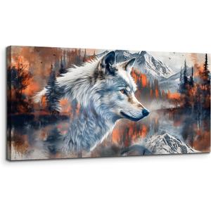 SERIMINO Large Canvas Wall Art for Living Room, Animal Silver Wolf Office Decor Art Prints, Abstract Winter Landscape Pictures Wall Decor Aesthetic, Nature Modern Home Decor Paintings 29"X57"