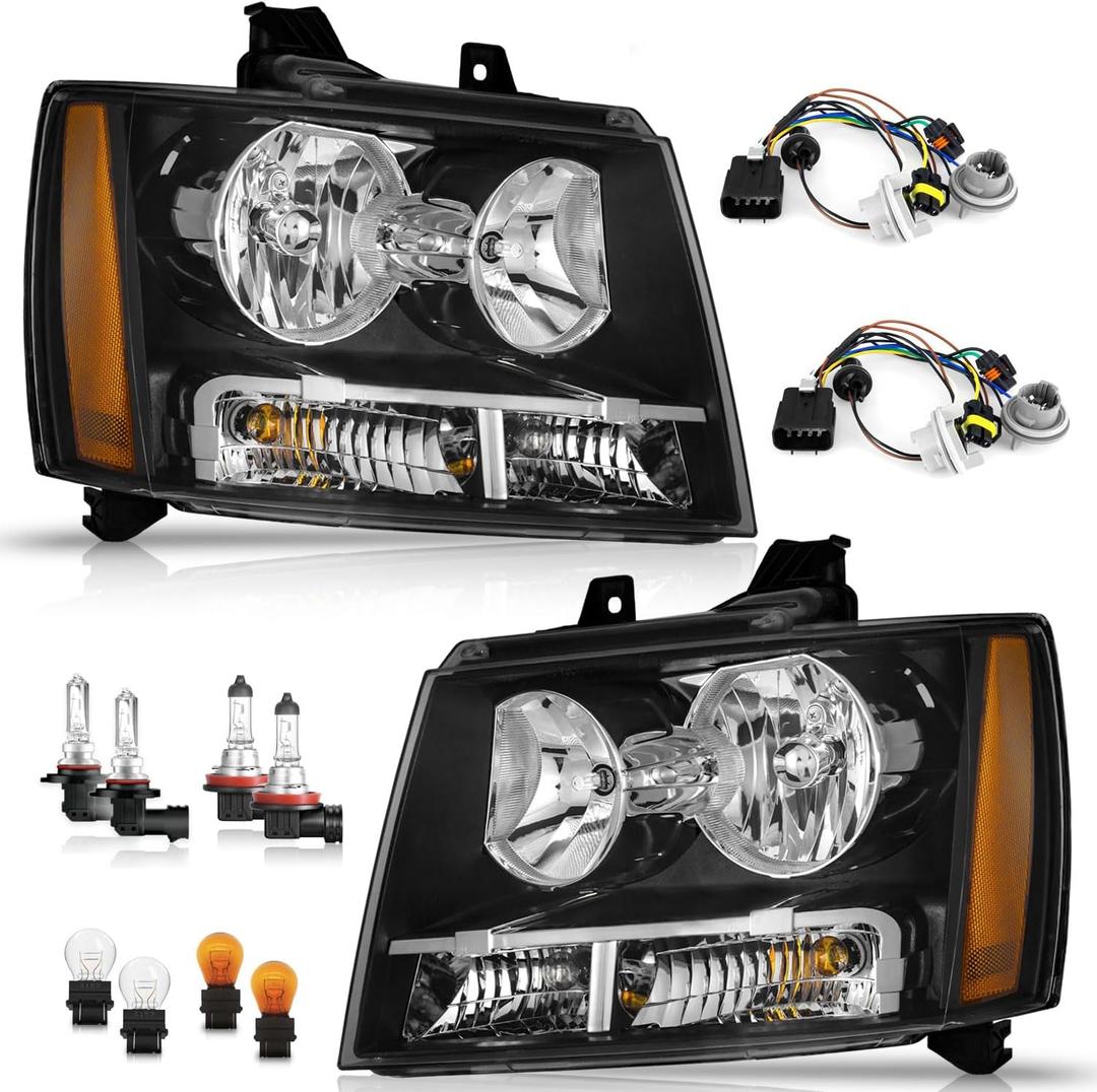 WEELMOTO Headlight for 2007-2013 Avalancha/Suburban 2500, 2008-2013 Tahoe Hybrid, 07-14 Tahoe 1500, 2012-2014 Tahoe SSV Headlamp Black Housing Clear Left+Right Side