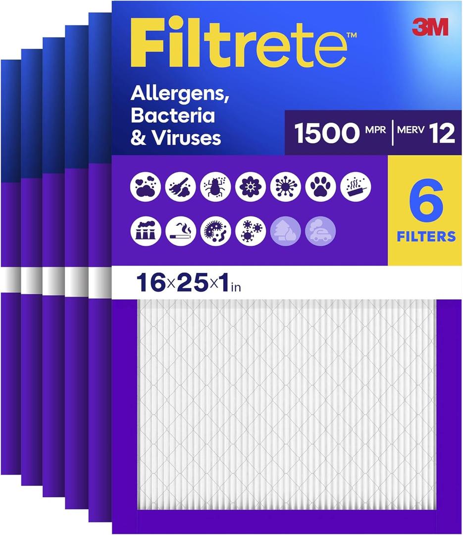 Filtrete 16x25x1 Air Filter, MERV 12, MPR 1500, Allergens, Bacteria & Viruses, 3-Month AC and Furnace Filters, Cleaner Air, Reliable Airflow, 6 HVAC Filters (Actual Size 15.62 x 24.62 x 0.78 in)