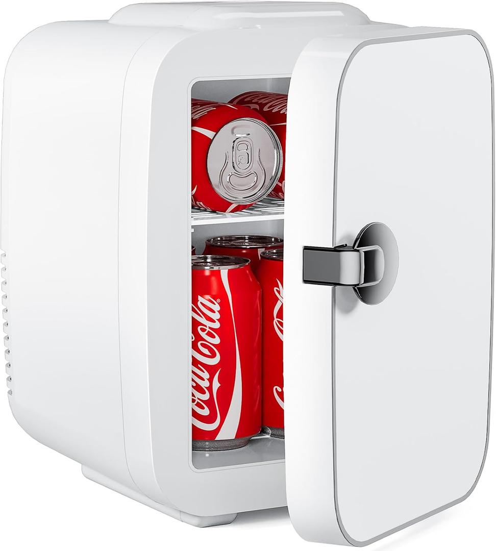 DUMOS Portable Mini Fridge, 4L/6 Can Cooler & Warmer 110V AC/ 12V DC Thermoelectric Compact Small Refrigerator for Skincare, Beverage and Food Retro Cooler for Car, Bedroom, Dorm, Office, White
