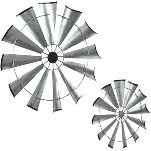 MyGift Galvanized Windmill Wall Decor, Vintage Silver Metal Windmill Wall Hanging Sculptures, Set of 2
