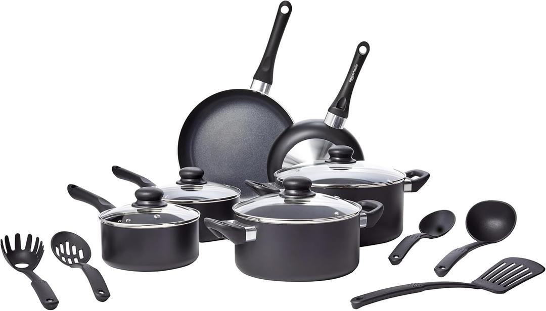 Amazon Basics Non Stick Kitchen Cookware 15-Piece Set, Non-Induction, Includes Pots, Pans, and Utensils, Black