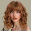 AISI HAIR Synthetic Wavy Curly Bob Wig with Bangs Cooper Blonde Short Wavy Hair for Women Synthetic Heat Resistant Bob Wigs
