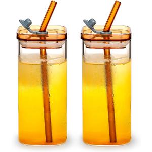Koythin 2-Piece Glass Cups with Lids and Straws, Iced Coffee Cup, Glass Tumbler, 12 oz/350 ml Clear Square Drinking Glasses for Coffee Bar Cocktail Beer Soda and Matcha (Amber)