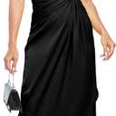 Women's One Shoulder Satin Silk Backless Split Wrap Hem Twist Ruched Party Cocktail Midi Dress Black, Size L