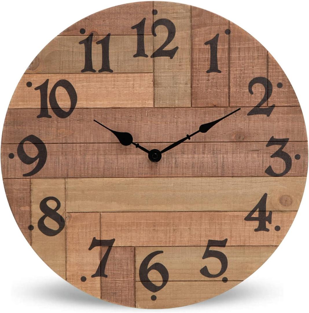 NIKKY HOME Rustic Farmhouse Solid Wood Wall Clock - 16 Inch Battery Operated Silent Non Ticking Distressed Wooden Shiplap Clock for Kitchen, Living Room, Bedroom, Office