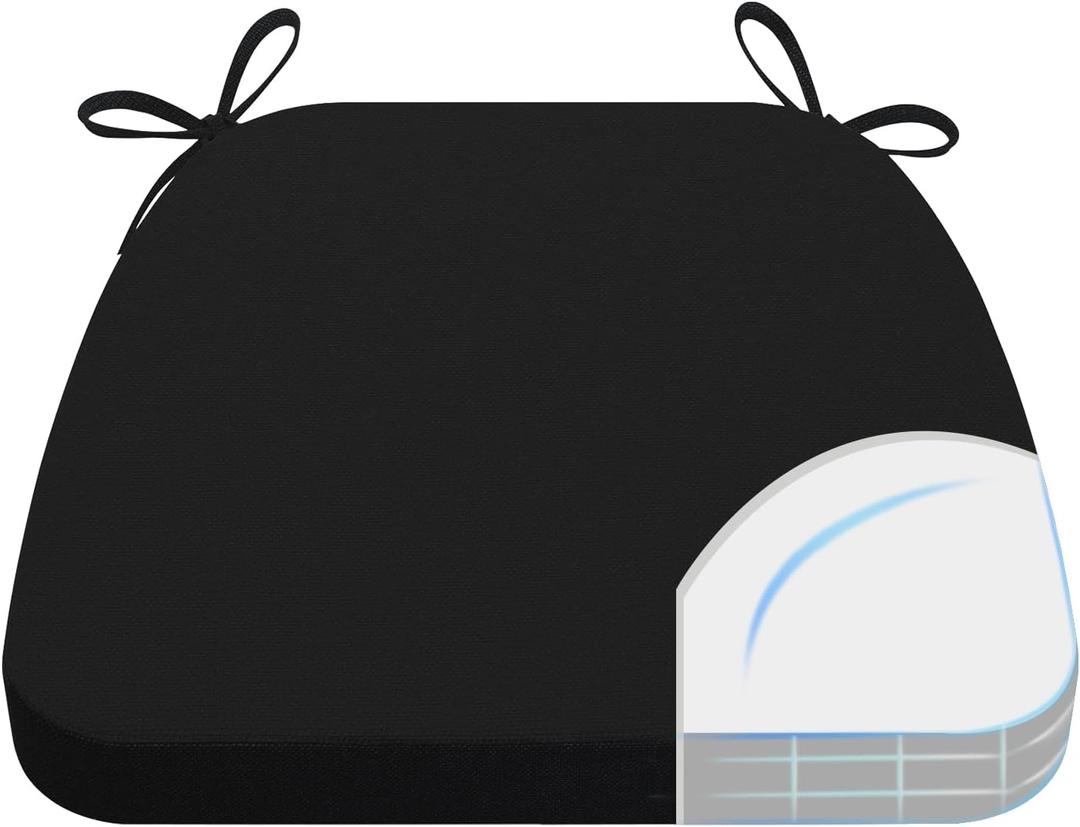 AAAAAcessories D-Shaped Chair Cushions, 2" Thick Dining Chair Pads with Ties and Removable, Machine-Washable Cover, 17" x 16", Black