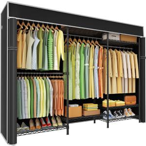 Ulif E13C Heavy Duty Closet Organizer SystemFreestanding Clothing Racks for Hanging ClothesAdjustable Garment Rack 63" W x 16" D x 77" H Hold 960 lbsBlack Clothing Rack with Black Dustproof Cover