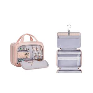 Hanging Travel Toiletry Bag, Foldable Cosmetic Bag with Multiple Compartments, Water-Resistant Makeup Bag for Toiletries, Accessories (Light Beige)