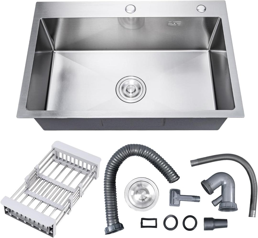 24 Inch Kitchen Sink Drop-in, Stainless Steel Top Mount Workstation Sink, Single Bowl Kitchen Sinks with Basket Strainer, D24"xW18"xH9" (Nano)