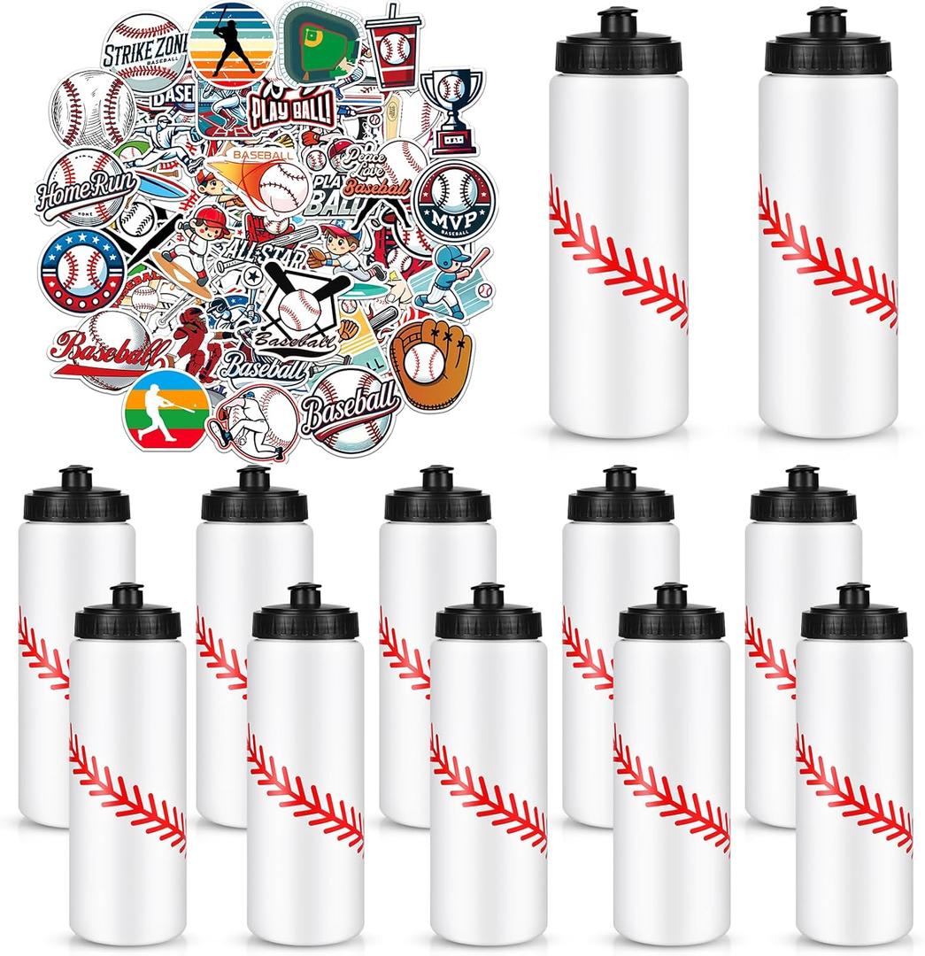 12 Pack Baseball Water Bottle Bulk with 300 PCS Stickers 20 oz Reusable BPA-Free Water Bottles for Boys Sports Squeeze Bottles Baseball Party Favors Gifts For Team